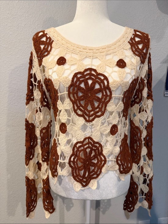 Rebellion Again Tops - Open-Knit Floral Crochet Sweater - Cream & Brown 70s, festival, crochet